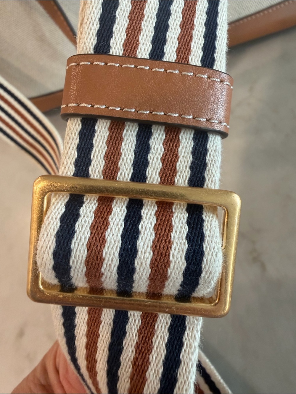 Tory Burch Neutral Canvas Tote with Tan Leather Trim and Striped Strap - Picture 9 of 16